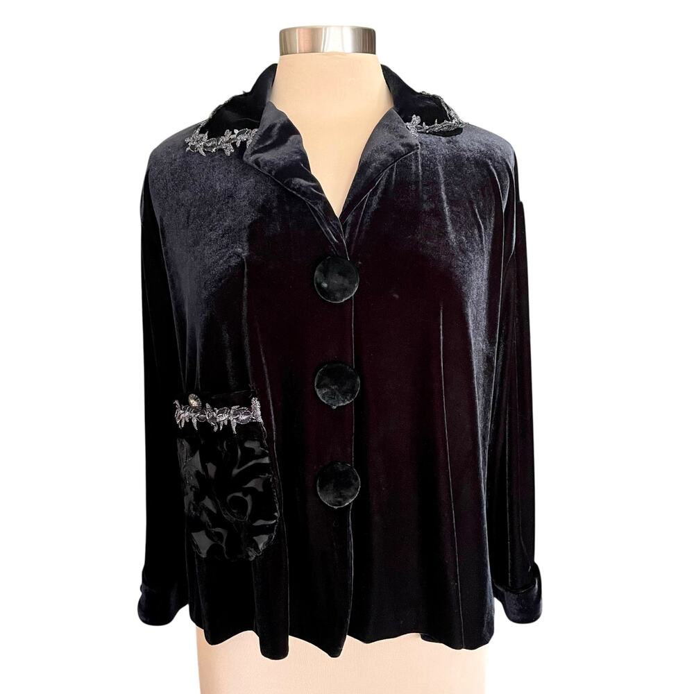 Taylor G Vintage Black Velvet Boxy Jacket Lace Bead Trim SMALL Whimsygoth Witchy